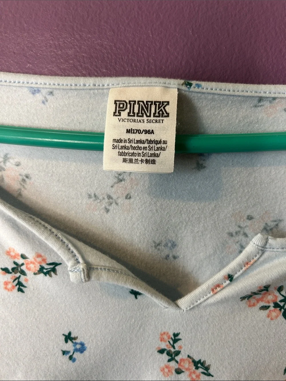 PINK Victoria's Secret Pale Blue Floral V‑Neck Long Sleeve Bodysuit